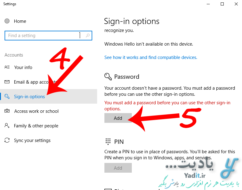 ایجاد رمز عبور (Password) برای ورود به ویندوز 10