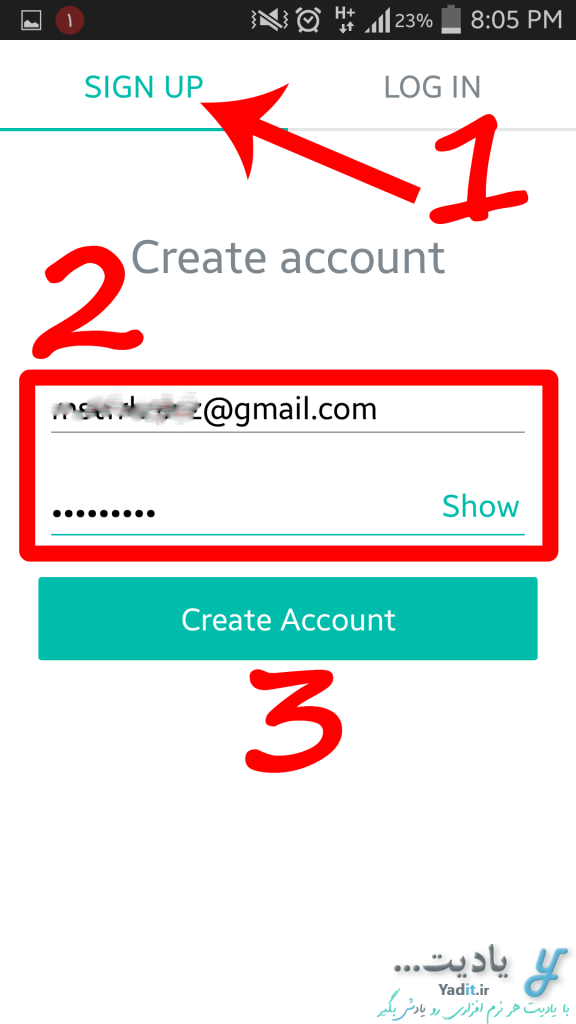وارد کردن ایمیل و رمز عبور برای ایجاد اکانت در اپلیکیشن 2ndLine