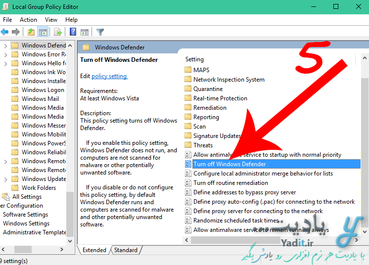 غیر فعال سازی دائمی ویندوز دیفندر (Windows Defender) با کمک Local Group Policy ویندوز