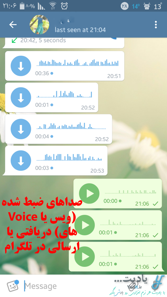 صداهای ضبط شده (ویس یا Voiceهای) دریافتی یا ارسالی در تلگرام