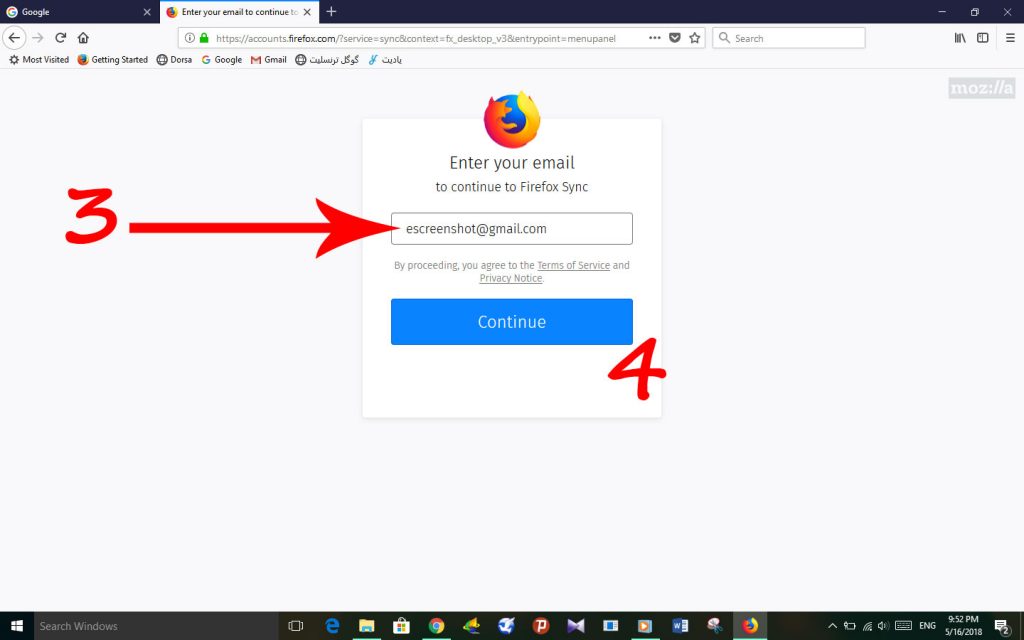 وارد کردن ایمیل برای ایجاد اکانت جدید در فایرفاکس